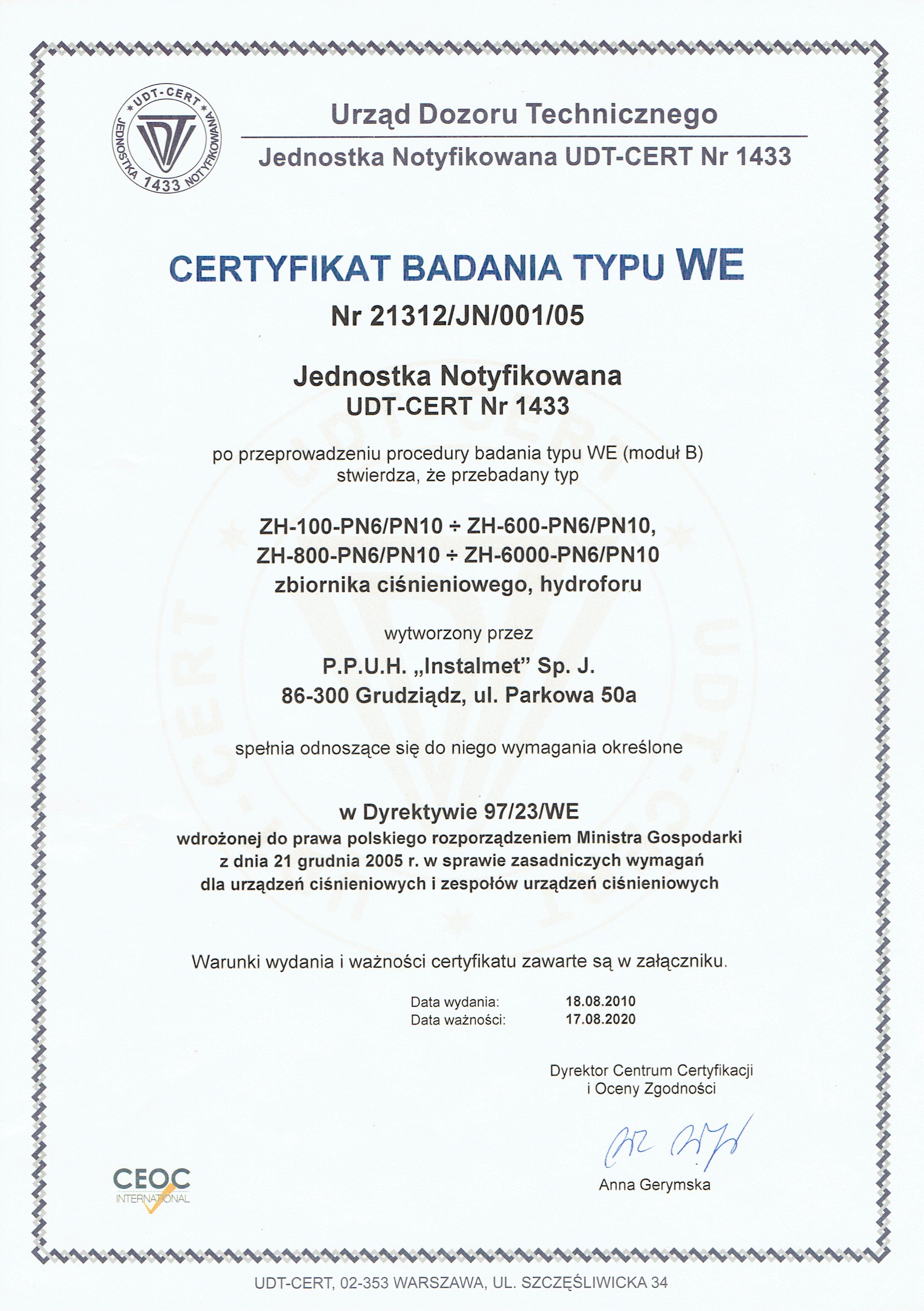 Certyfikat Badania typu WE